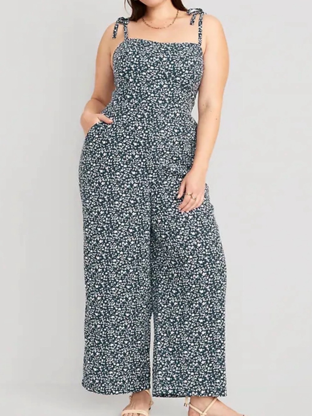 Old Navy Navy Floral Tie Strap Wide Leg Jumpsuit Size Large (14011)